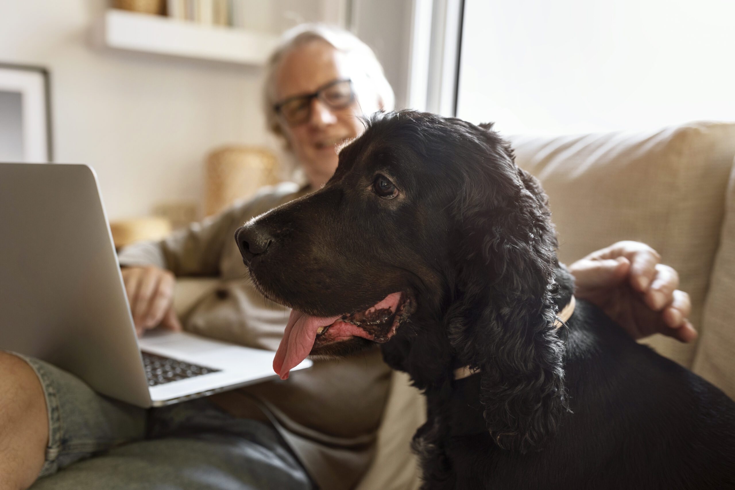 side-view-smiley-man-petting-dog